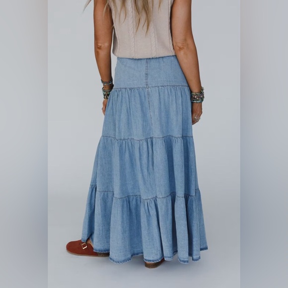Three Bird Nest Country Mart Tiered Maxi Skirt Denim Size L Boho - Picture 5 of 12